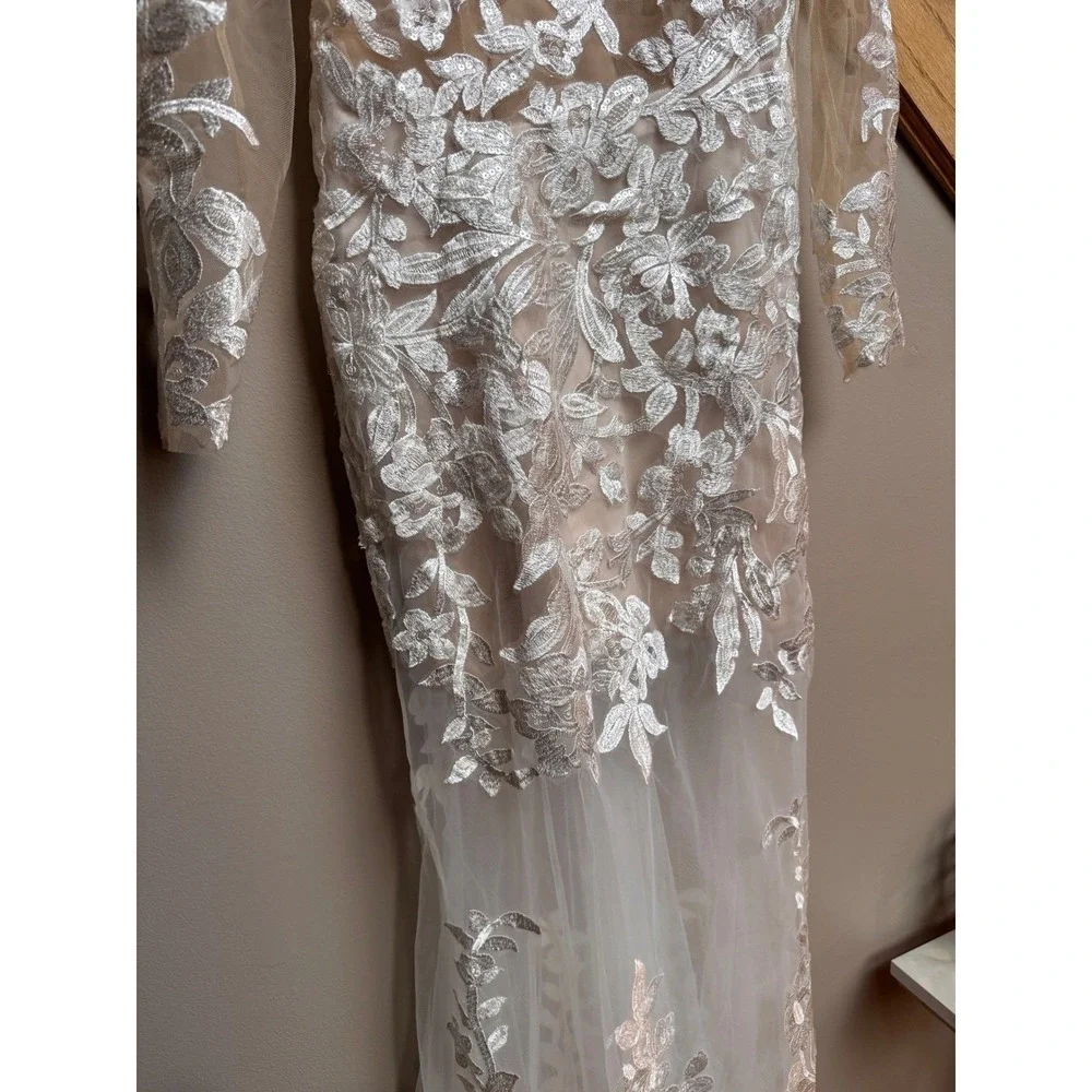 Wedding Bridal‎ Gown White Dress XS/S Lace Floral Appliqué Sheer Long Sleeve